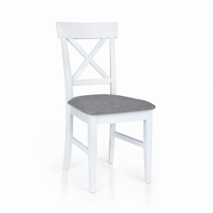 Wygodne krzesło tapicerowane do jadalni, białe ażurowe oparcie, KT108