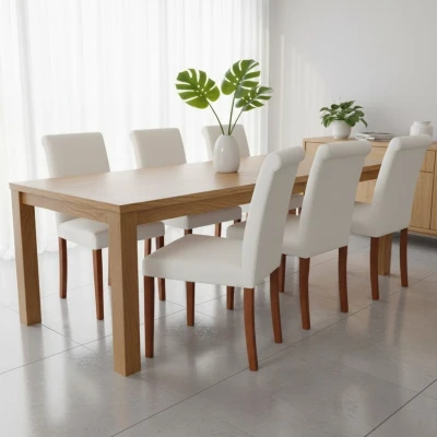 Aranżacja jadalni z białymi krzesłami KT1 nogi kasztan styl klasyczny