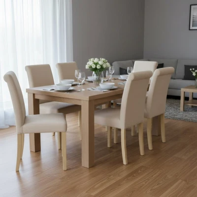 Aranżacja jadalni i salonu z beżowym krzesłem tapicerowanym KT1 na bukowych nogach