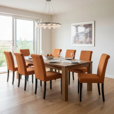 Aranżacja jadalni i salonu z rudym krzesłem tapicerowanym KT1 na czarnych nogach