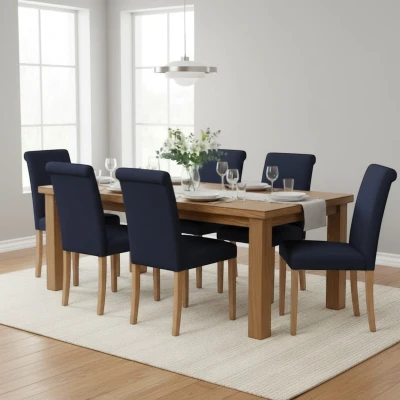 Aranżacja jadalni i salonu z granatowym krzesłem tapicerowanym KT1 na dębowych nogach