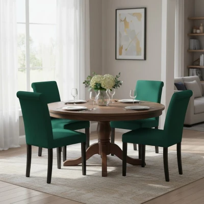 Luksusowa jadalnia z butelkowozielonymi krzesłami KT1 na ciemnych nogach wenge