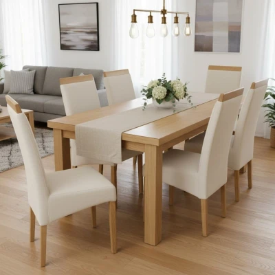 Beżowe krzesła KT2 aranżacja w jasnej jadalni nogi dąb naturalny