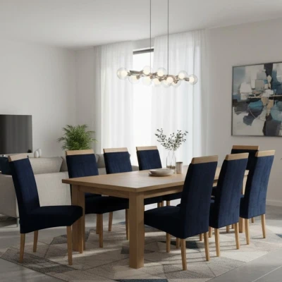 Granatowe krzesła KT2 aranżacja w eleganckiej jadalni nogi dąb naturalny