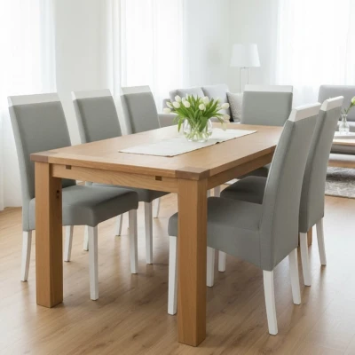 Szare krzesła KT2 aranżacja w jasnej jadalni styl skandynawski nogi białe