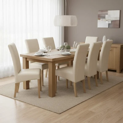 Beżowe krzesła KT10 aranżacja w jasnej jadalni stelaż dąb sonoma