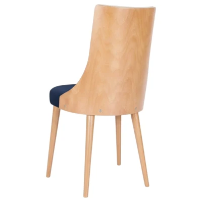 Krzesło tapicerowane KT15 tył oparcia widoczne drewno buk naturalny granatowe