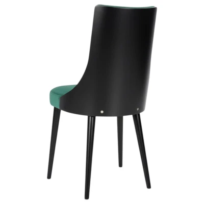 Krzesło tapicerowane KT15 tył oparcia widoczne drewno czarny stelaż zielone
