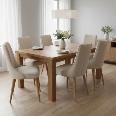 Beżowe krzesła KT22 aranżacja w jasnej jadalni stelaż dąb naturalny