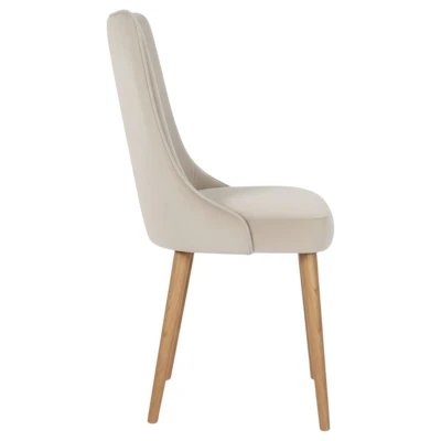 Krzesło KT22 beżowy welur bok i stabilna konstrukcja drewno naturalny dąb