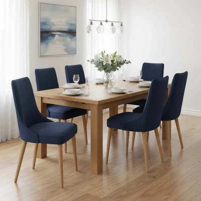 Granatowe krzesła KT22 aranżacja w eleganckiej jadalni stelaż dąb naturalny