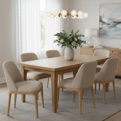 Beżowe krzesło tapicerowane KT37 aranżacja we wnętrzu japandi jasne drewno