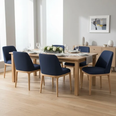 Granatowe krzesło tapicerowane KT37 aranżacja we wnętrzu hamptons jasne drewno