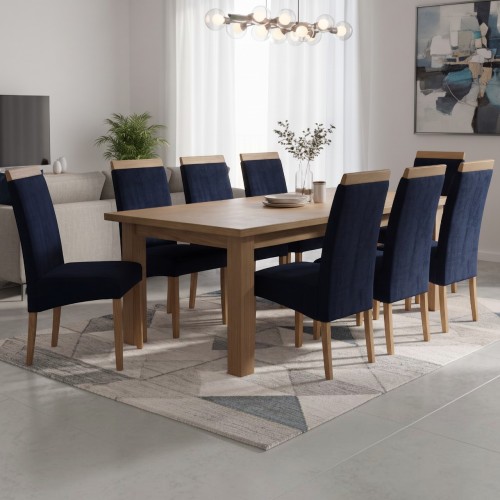 Granatowe krzesła KT2 aranżacja w eleganckiej jadalni nogi dąb naturalny