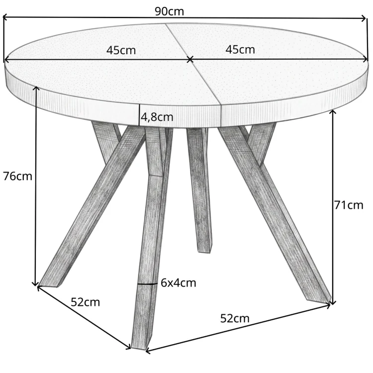 Wymiary techniczne stołu okrągłego rozkładanego CONVIVIO średnica fi 90 cm