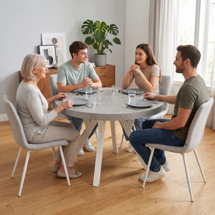 Nowoczesna aranżacja jadalni ze stołem okrągłym CONVIVIO beton atelier