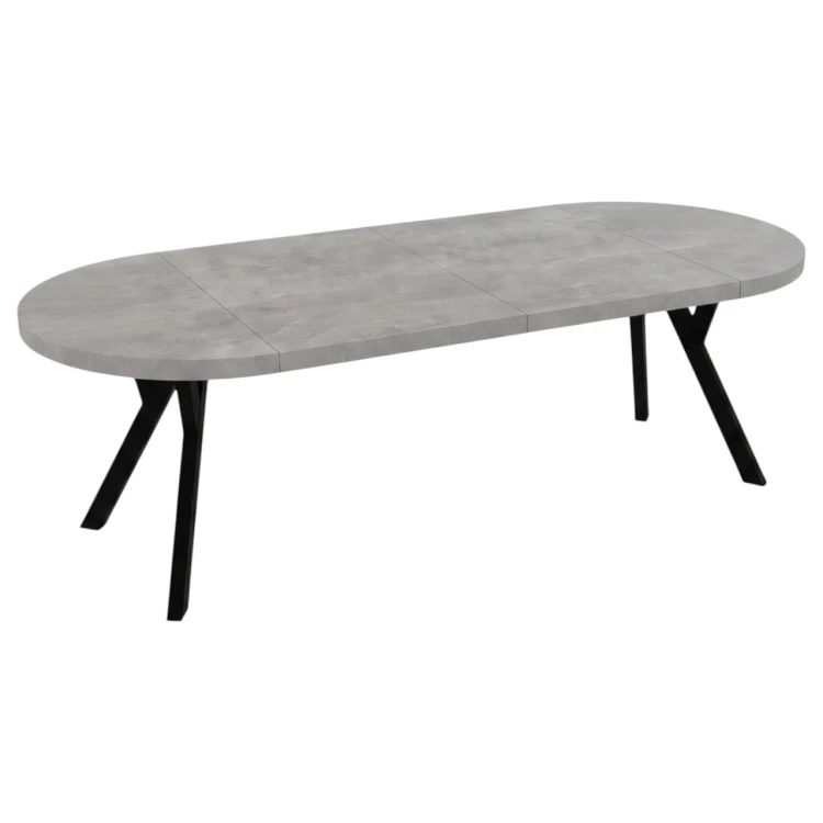 Rozłożony stół owalny CONVIVIO 170 cm z blatem beton atelier i czarnymi nogami