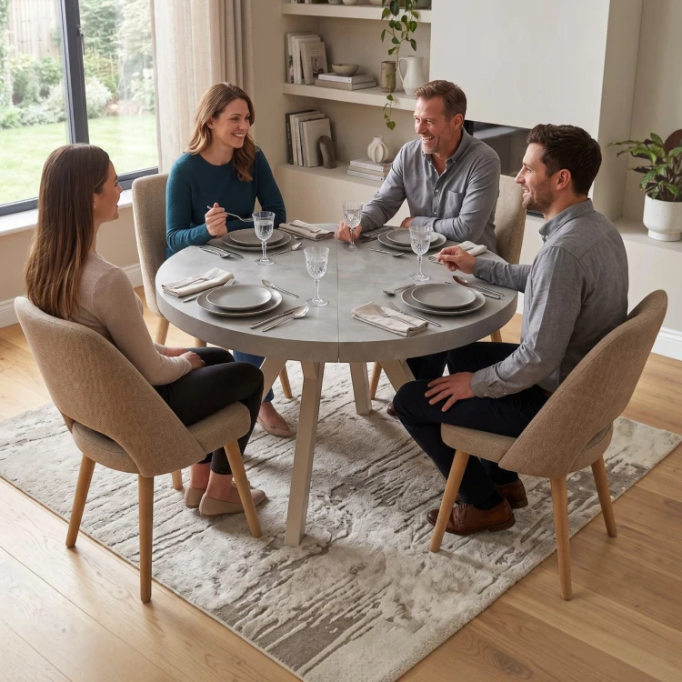 Nowoczesna jadalnia ze stołem CONVIVIO beton atelier i nogami w kolorze kaszmir