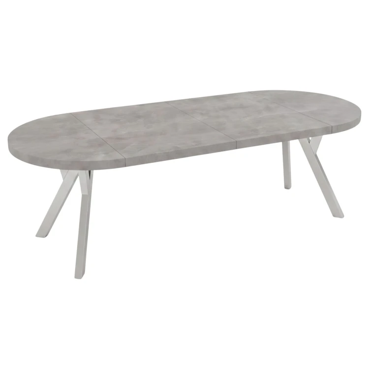 Rozłożony na 170 cm stół owalny CONVIVIO beton atelier i srebrne nogi