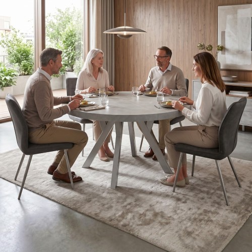 Aranżacja jadalni ze stołem CONVIVIO beton atelier i srebrnymi nogami w stylu glamour