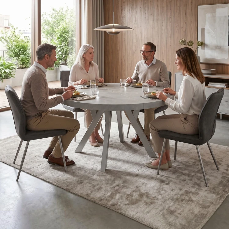 Aranżacja jadalni ze stołem CONVIVIO beton atelier i srebrnymi nogami w stylu glamour
